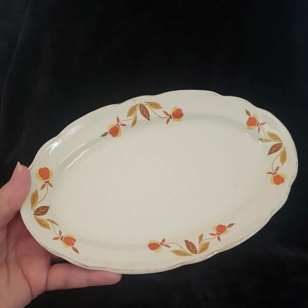 Vintage Hall Jewel Tea Autumn Leaf Porcelain Small Oval Serving Platter Plate 9"